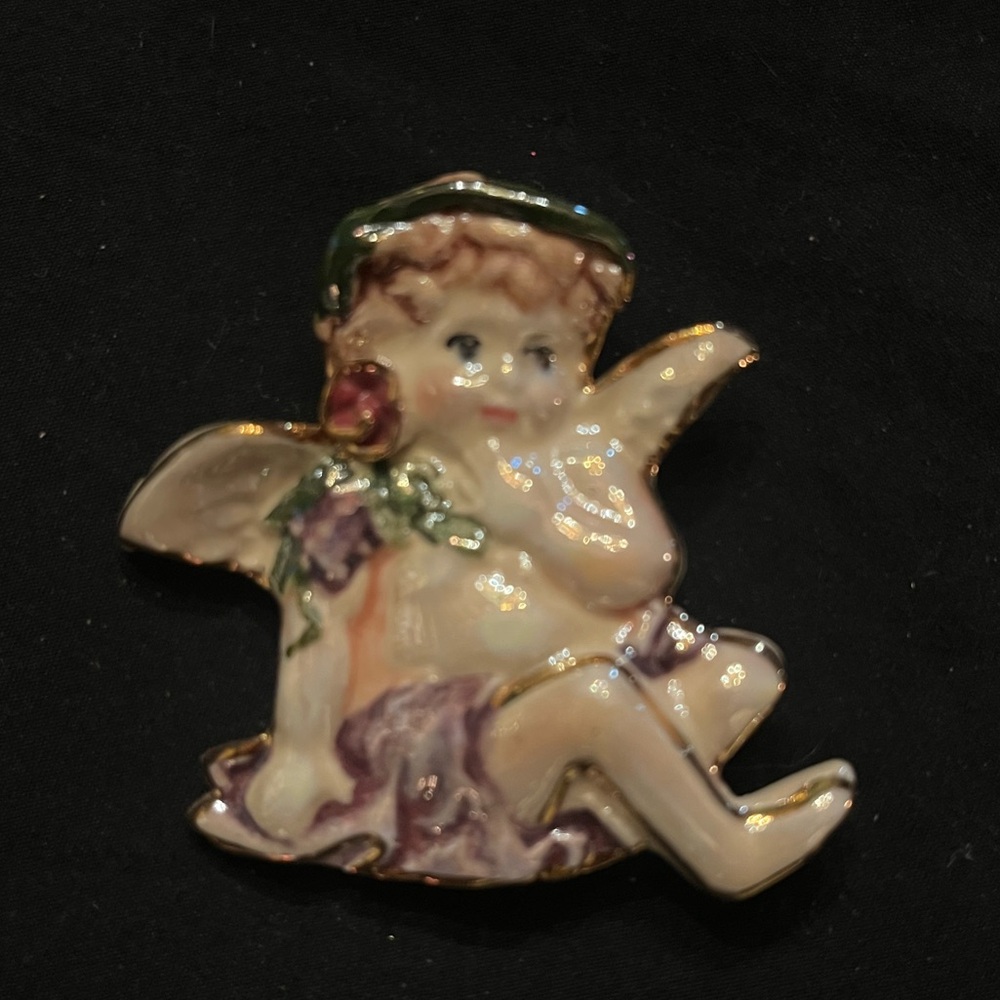 Handpainted Ceramic Angel Cherub Brooch